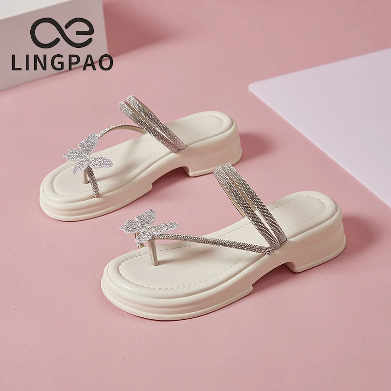 领跑高跟包头时髦闪钻蝴蝶凉拖休闲女鞋厚底网红仙女风子新款软底