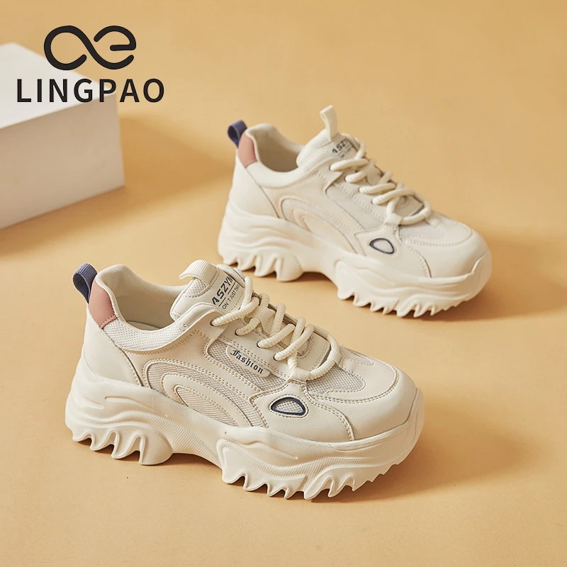 领跑秋季新款真皮厚底老爹甜美舒适休闲女鞋时尚百搭透气潮流ins