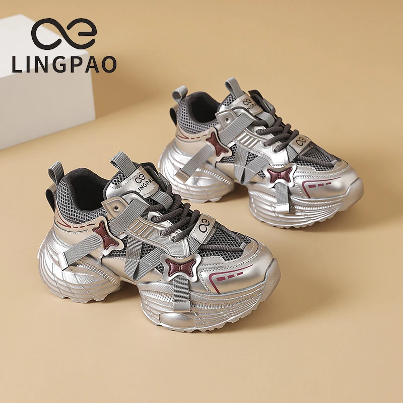 领跑厚底时尚休闲女鞋银色老爹鞋25春新款复古增高百搭运动鞋L219