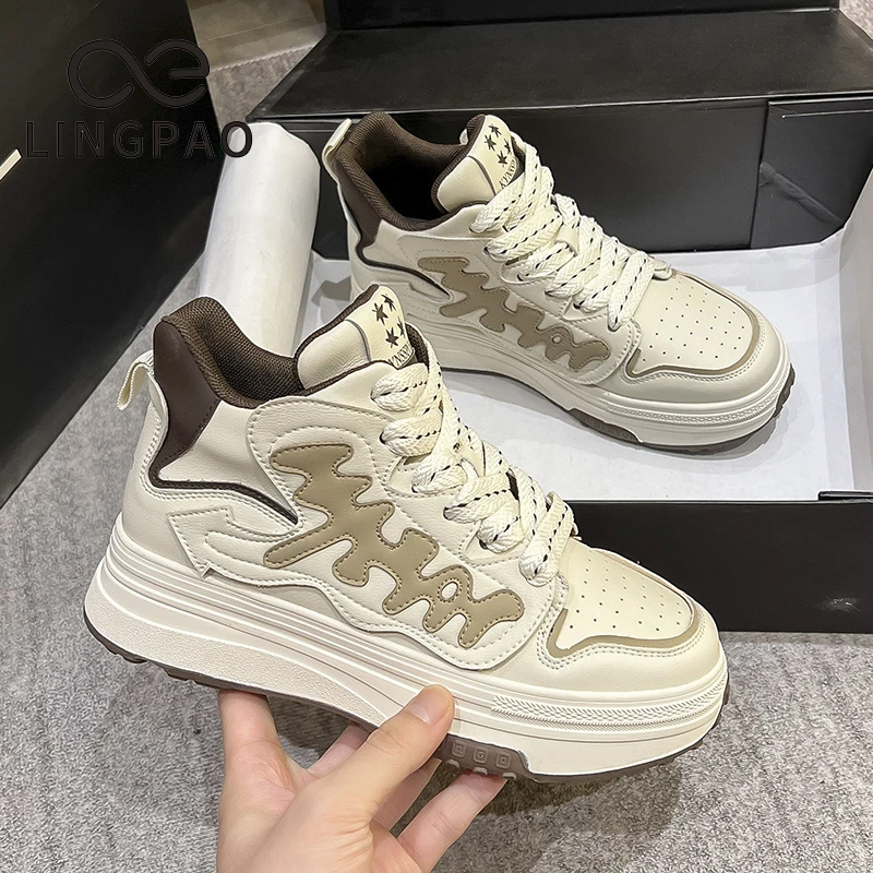 领跑真皮秋冬休闲高帮老爹鞋女软底新款内增高松糕厚底靴L306