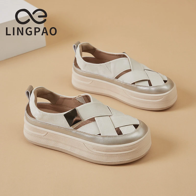 领跑秋季真皮厚底镂空凉鞋休闲女鞋时尚百搭夏季透气软底白鞋平底