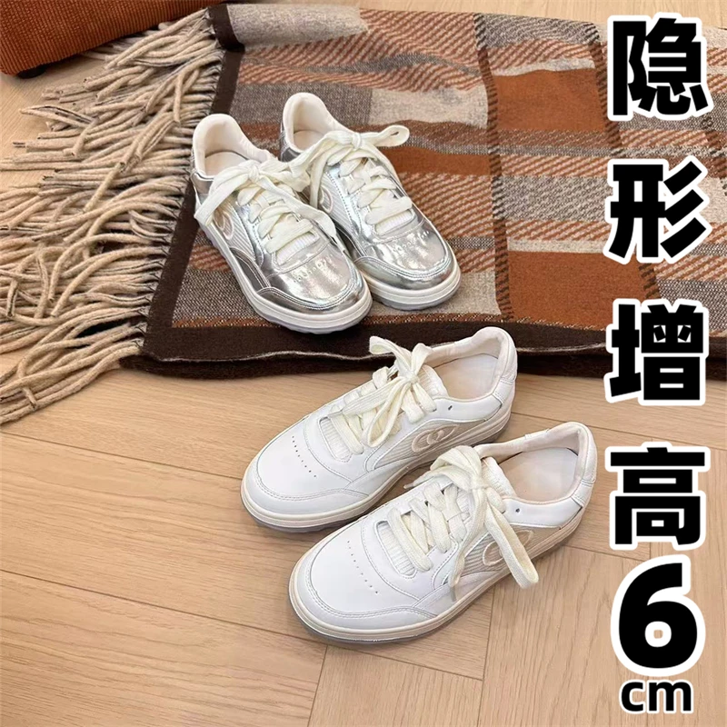 内增高6cm德训鞋女2024新款学生运动板鞋春秋季休闲单鞋系带白色