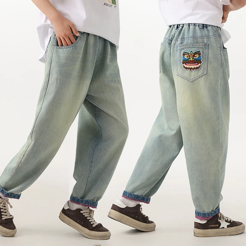 胖女童宽松牛仔裤春秋装加肥加大码水洗软牛仔萝卜裤哈伦裤老爹裤