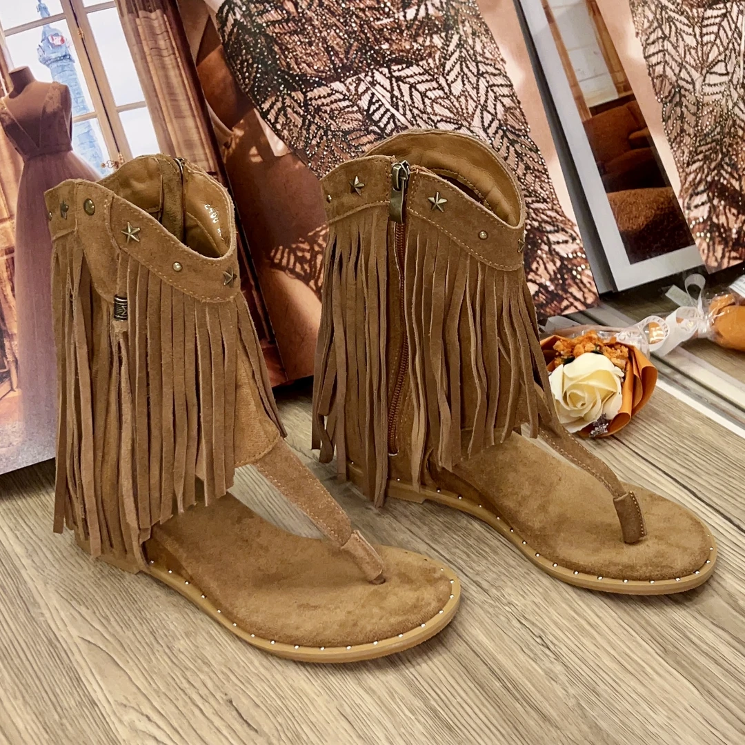 BLAVCPEON【牛仔部落】流苏柳钉夹脚露趾凉拖 X240316249