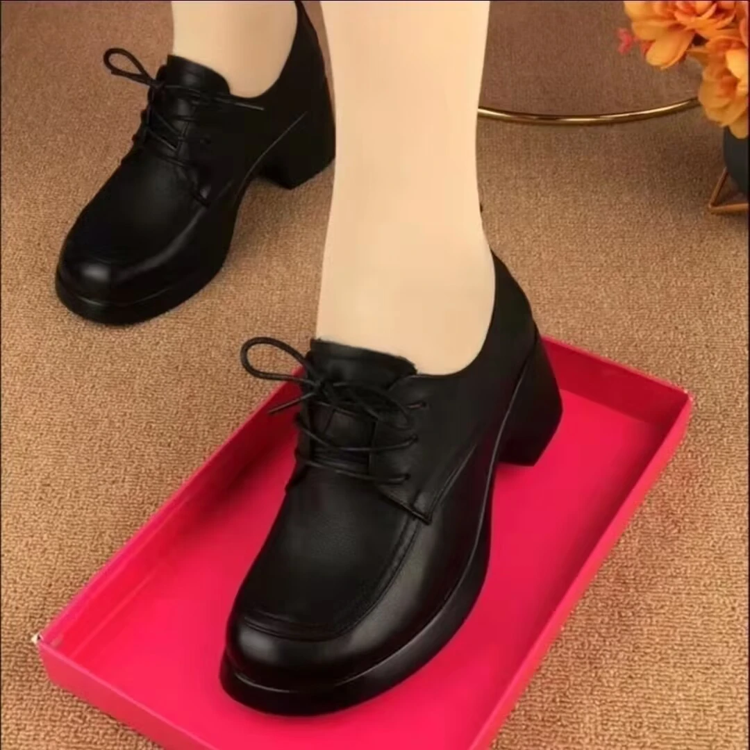 2024春秋新款软底皮鞋女真皮粗跟厚底单鞋系带圆头软底妈妈鞋