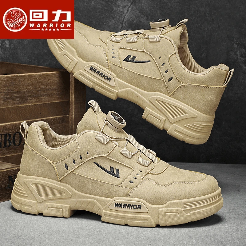 回力男鞋2025新款旋转纽扣皮面防水防滑耐磨低帮工装增高工作潮鞋