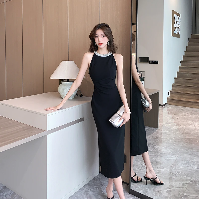 高定珍珠领名媛礼服裙中长款无袖背心连衣裙收腰显瘦小黑裙