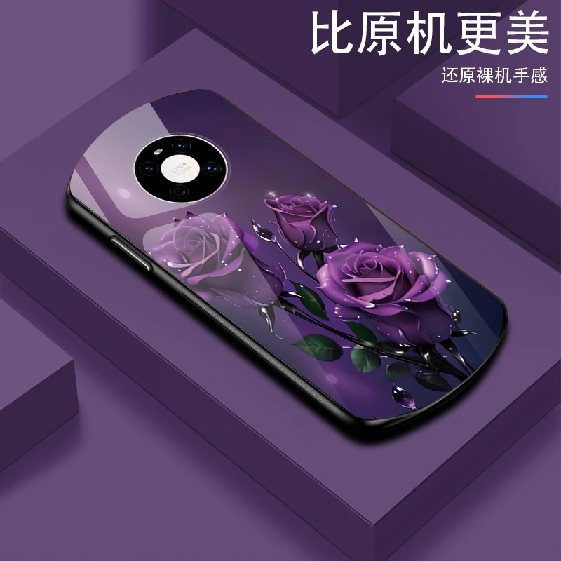 适用【华为Mate40】弧形玻璃优雅花朵创意氛围防摔防刮手机壳