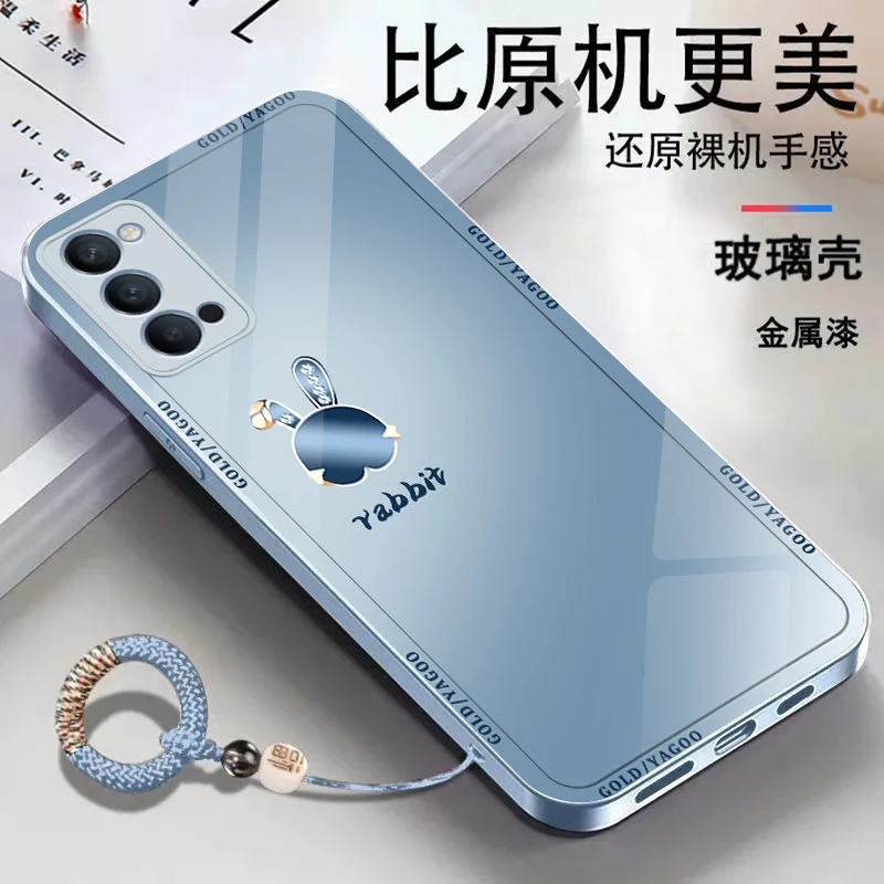 适用【OPPOReno5Pro】金属漆玻璃可爱兔子简约个性防摔手机壳ins