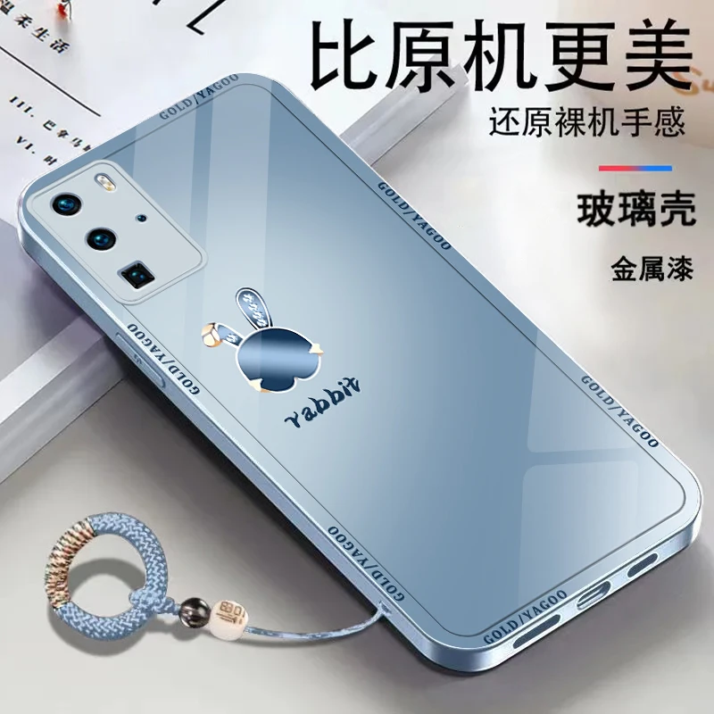 适用【华为P40Pro】金属漆玻璃可爱兔子简约个性防摔手机壳ins