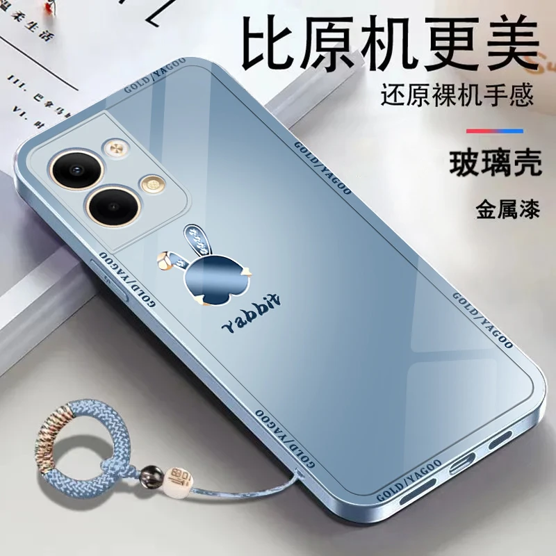 适用【OPPOReno9】金属漆玻璃可爱兔子简约个性防摔手机壳ins