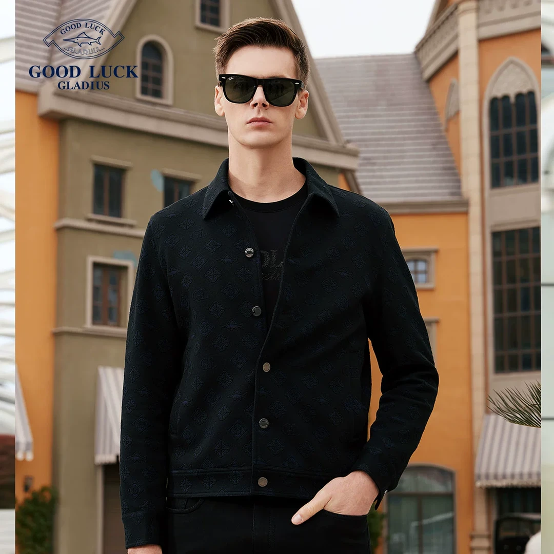 德鲨秋冬短款翻领夹克男青年时尚提花商务男装休闲外套-BR12007