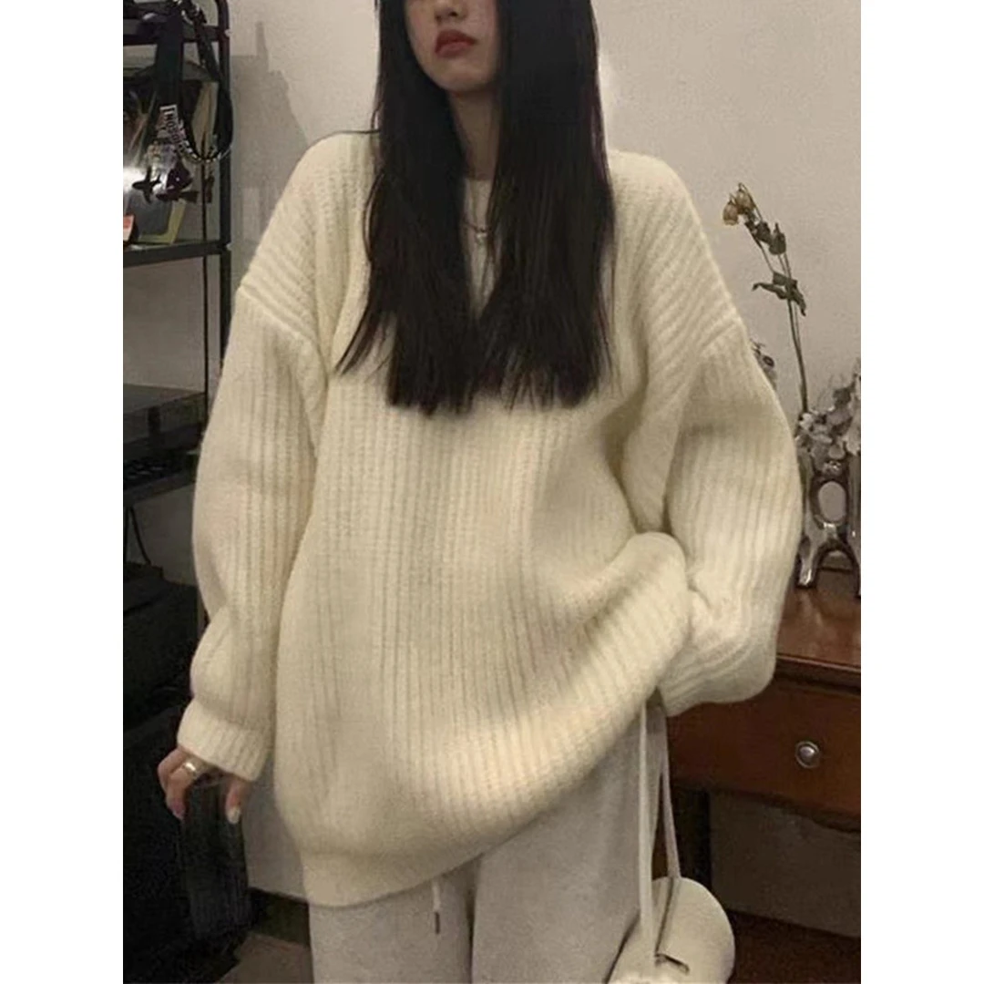 新款秋冬宽松针织衫厚款韩系慵懒风粗针套头毛衣纯色长袖女装潮