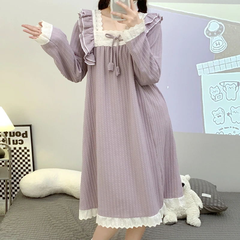 2024春秋季睡衣女甜美ins风长袖中长睡裙加肥240斤可穿家居服宫廷