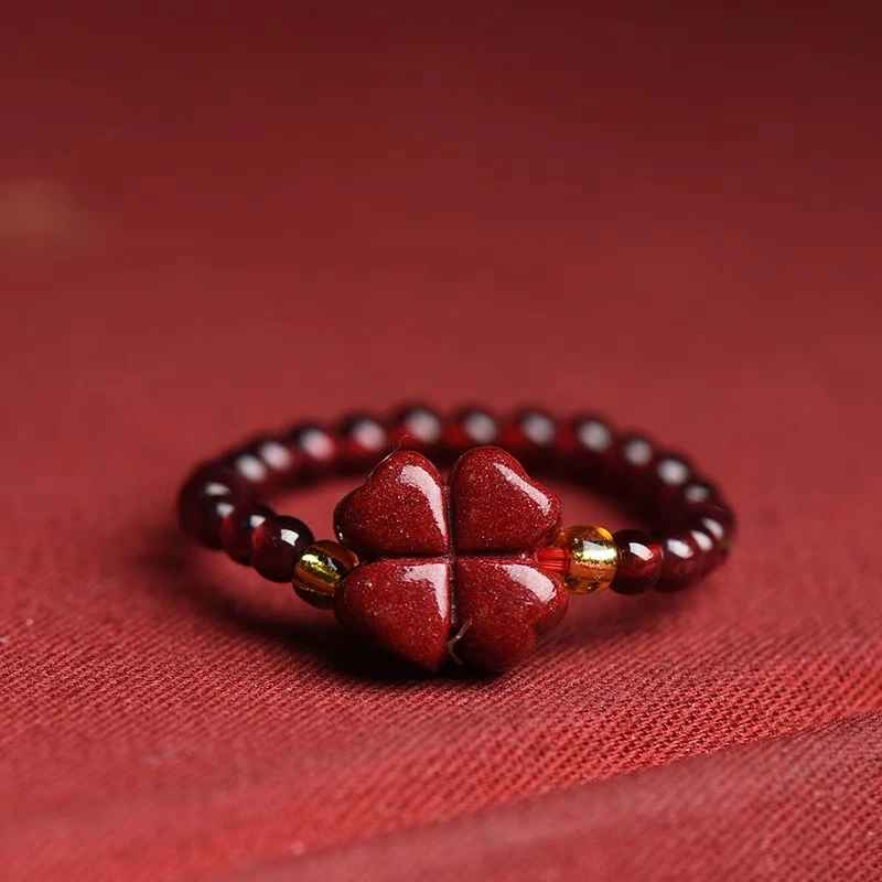 含辰砂工艺品【正品朱砂】紫金砂石榴石四叶草戒指（送备珠弹力绳）