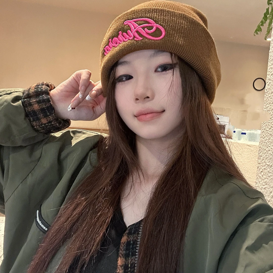 2024秋冬新款字母3D刺绣针织帽女保暖百搭情侣毛线帽护耳冷帽男