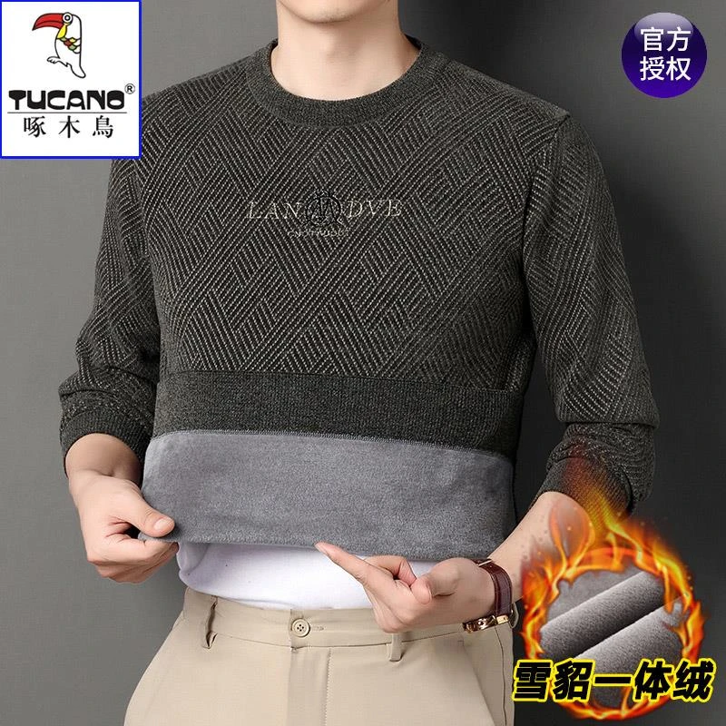 啄木鸟男士雪尼尔加绒加厚毛衣秋冬装针织打底衫圆领上衣