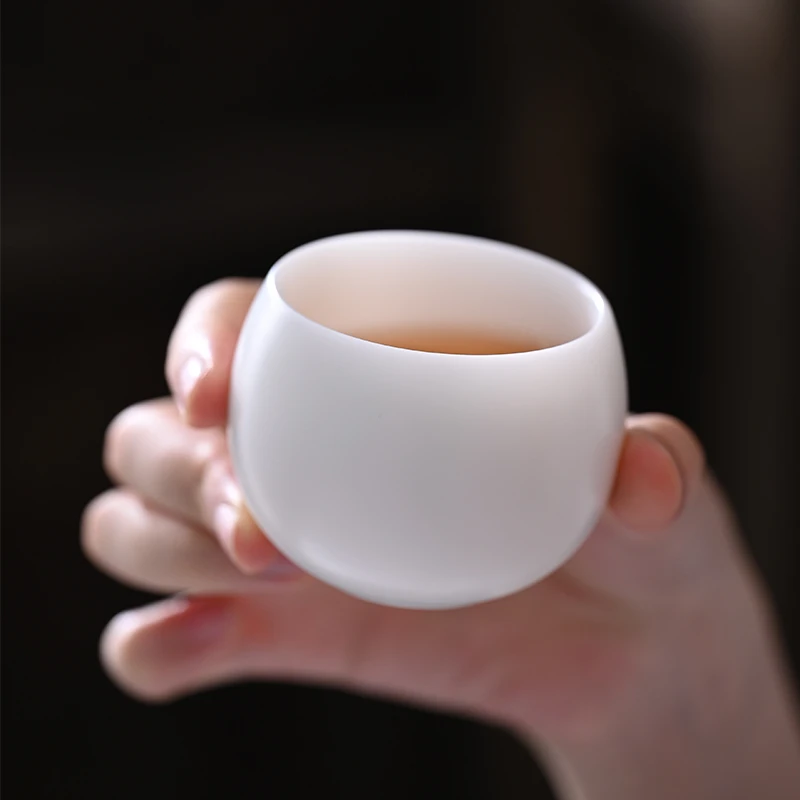 藏品级素烧冰种玉瓷罗汉杯龙蛋杯中国白高端茶杯禅定杯不倒主人杯