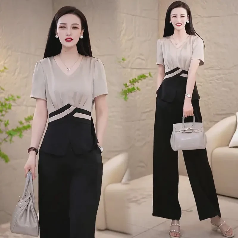 冰丝职业时尚套装女2024夏季新款气质显瘦V领上衣阔腿裤两件套潮