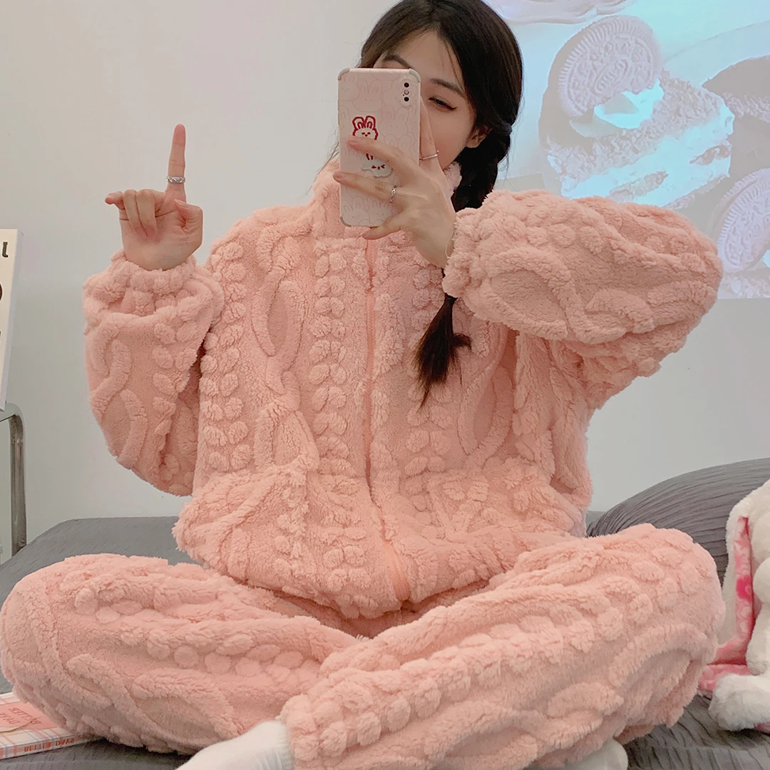 冬季新款睡衣女法兰绒拉链休闲少女可爱可外穿家居服长毛绒两件套