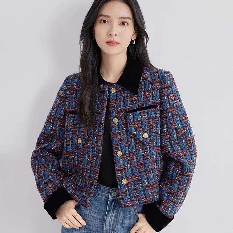 2024秋冬女宽松显瘦百搭气质名媛编制彩色粗花呢上衣女外套K627#
