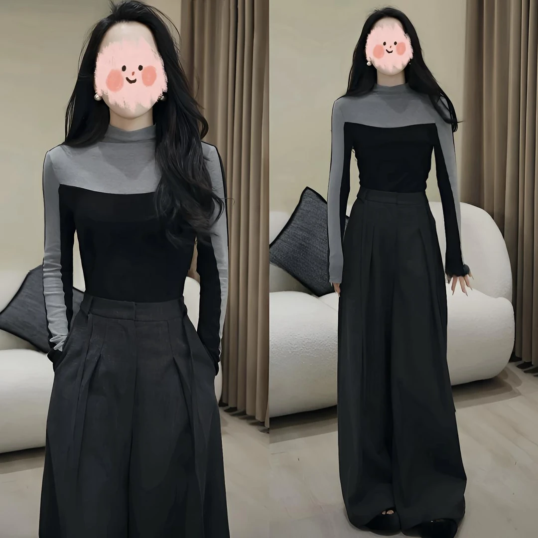 2024新款秋季百搭减龄显瘦撞色拼接半高领长袖t恤高腰直筒西装裤