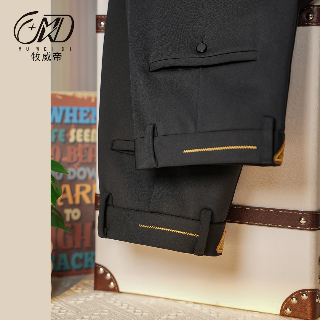 牧威帝【皇冠刺绣五代】时尚休闲商务正装垂感修身松紧腰抗褶皱西裤