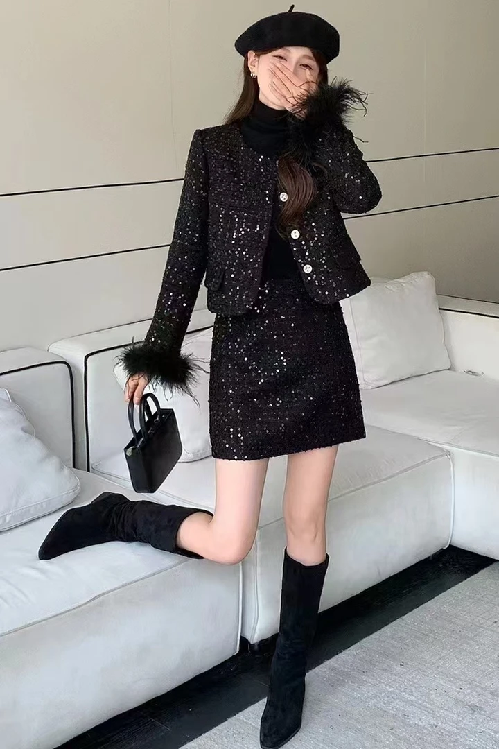 8826  丰#小香风亮片上衣+半身裙      套装