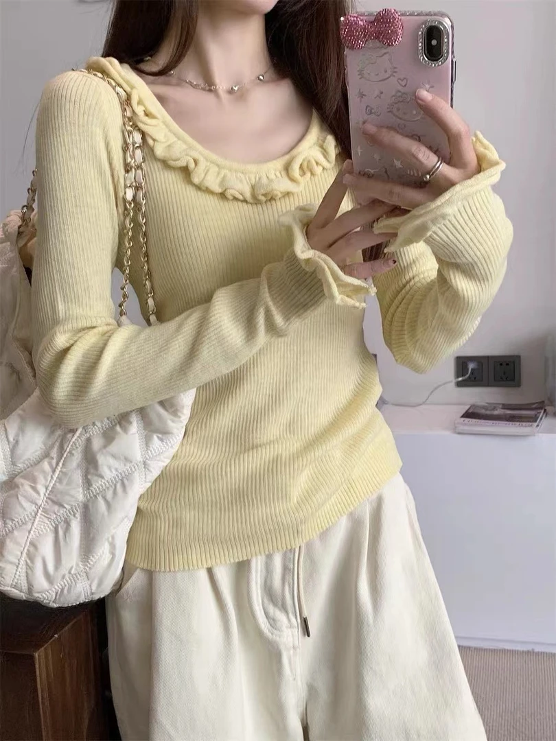 31031  佰#木耳边圆领修身上衣