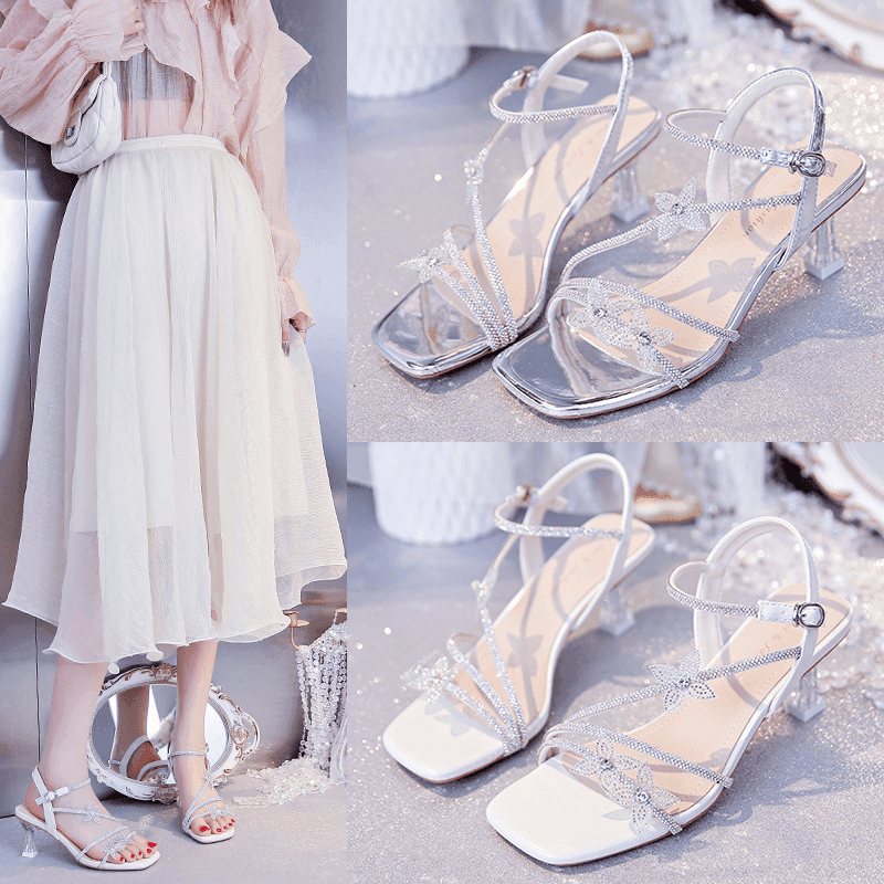 粗跟，细跟法式水钻蝴蝶结仙女风高跟凉鞋女夏季绝美一字带凉鞋