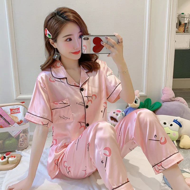 睡衣女春夏冰丝短袖长裤韩版两件套加肥加大码秋冬季仿真丝家居服