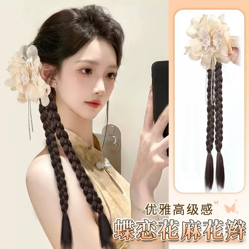 假发辫子女仿真发自然逼真蝶恋花流苏双麻花侧边高马尾辫假发抓夹