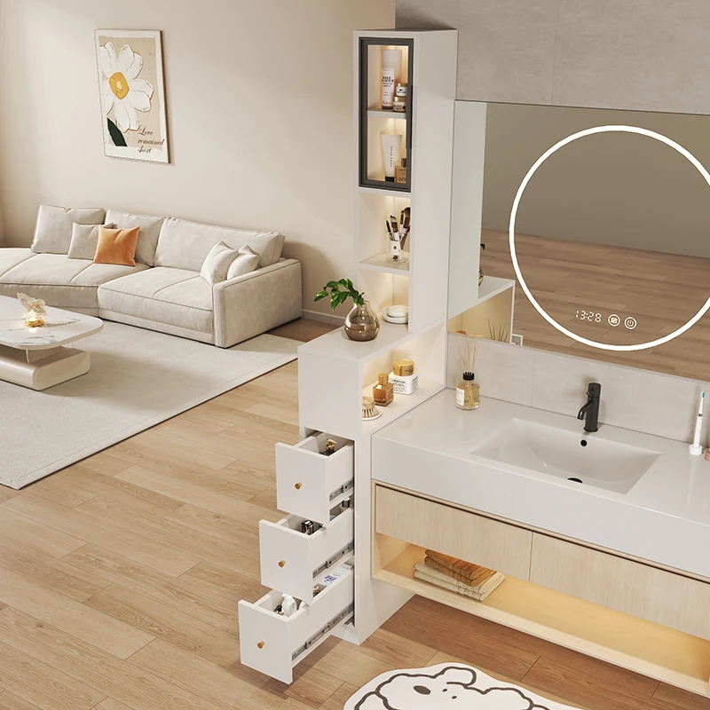 步语现代奶油浴室边柜置物架卫生间干区隔断干湿分离侧柜收纳客厅