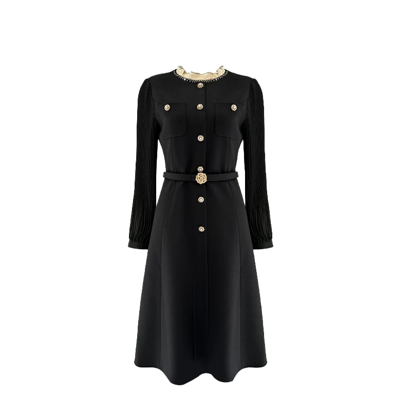 全羊毛法式钉珠圆领连衣裙2L28Q0371