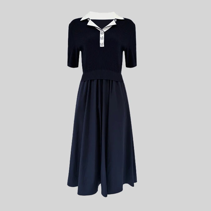 【老板娘心头好2.0】假两柔时尚收腰显瘦藏青裙 新 6l337l2501