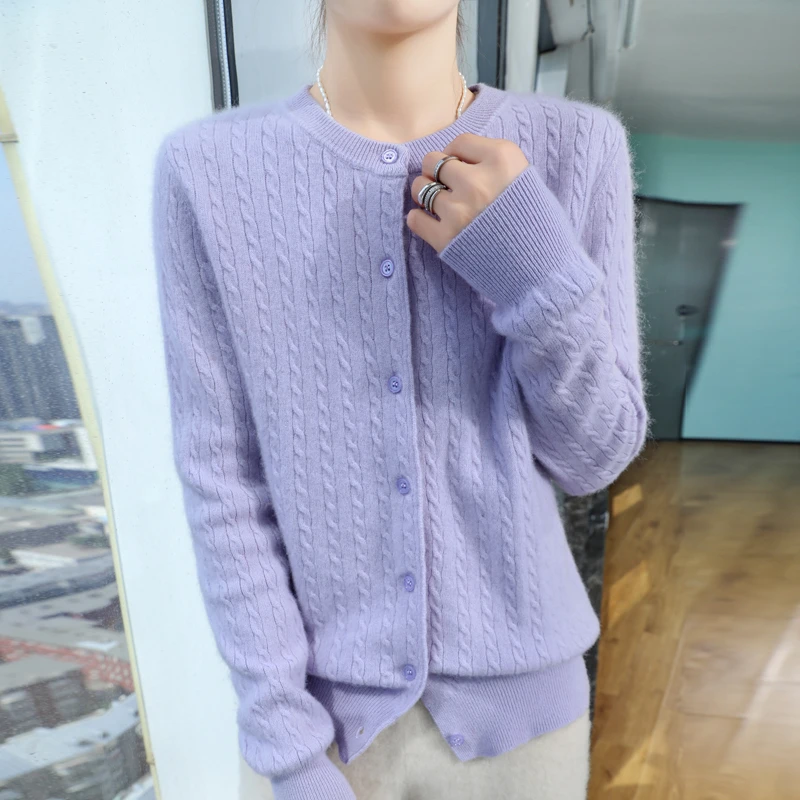 秋冬新款爆款长袖针织针织开衫女纯色麻花显瘦安迪绒外套毛衣