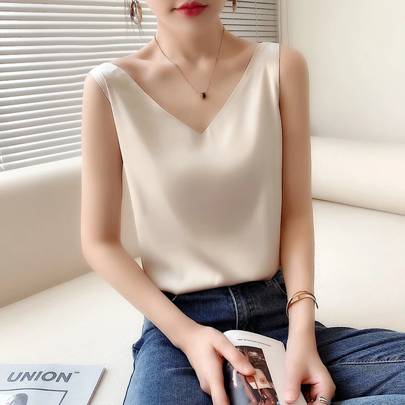 夏季纯色无袖吊带背心百搭性感小众双肩v领打底气质设计感外穿D09