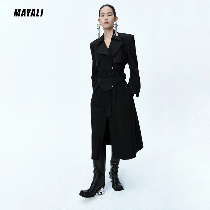 MAYALI 22AW 秋冬款黑色千鸟格阔肩束腰解构短款西装领风衣外套