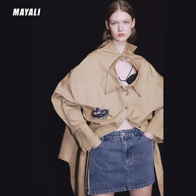 MAYALI 23SS 不对称解构基础牛仔短裙设计感百搭复古高腰半身裙女
