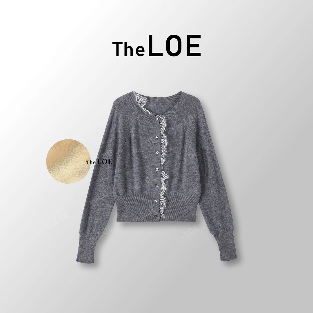 TheLOE/【绵柔蕾丝灰】百分羊毛 少女氛围感针织开衫#11.06ZZ-G7333