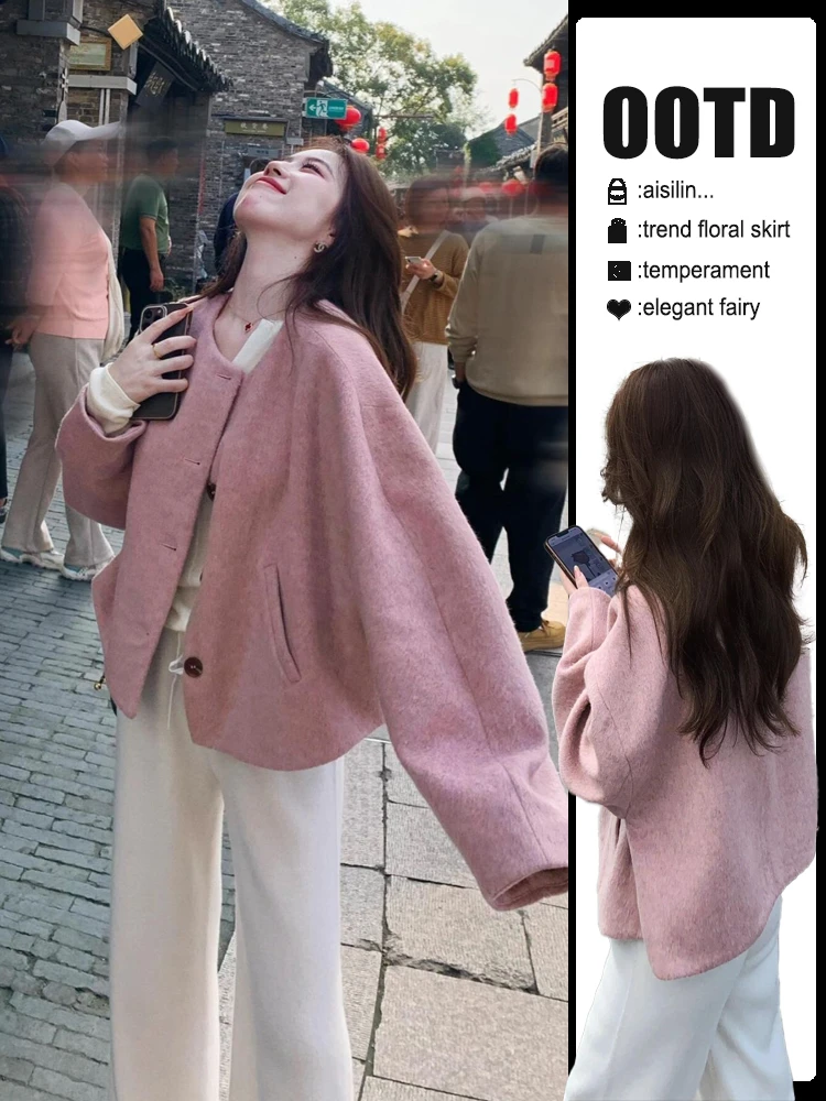 翻领气质毛呢外套女2024新款秋冬高级感超好看小个子短款呢子套装