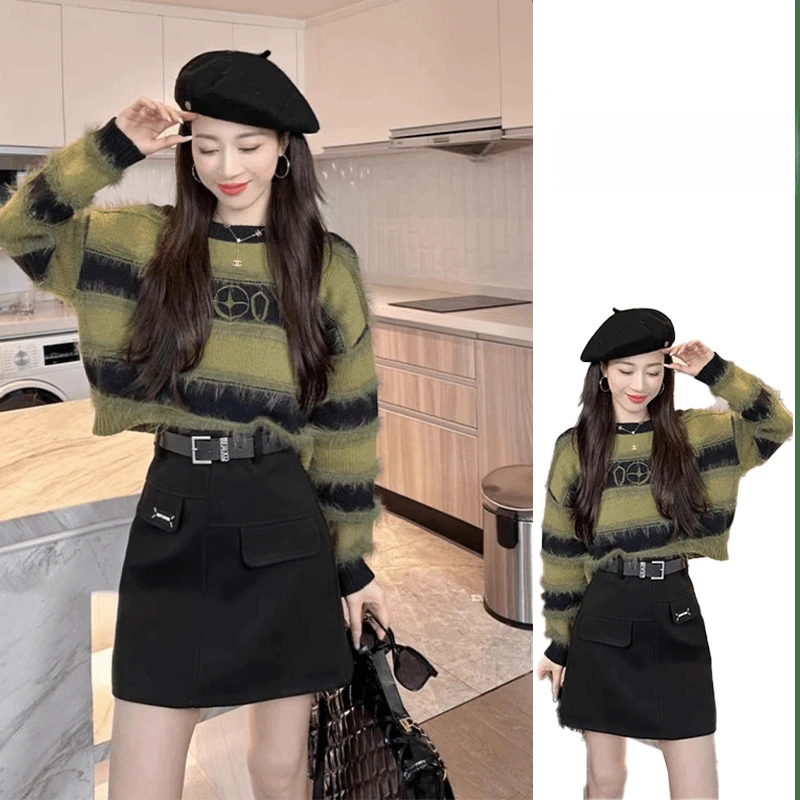 Y158#秋冬新款套装女新款轻熟风复古条纹针织毛衣半身短裙两件套