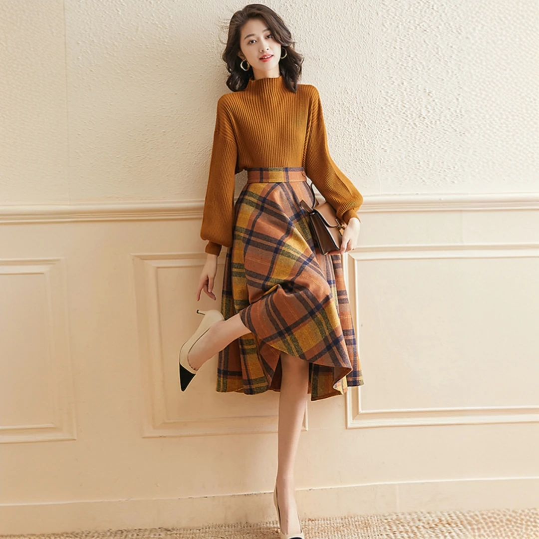 秋冬套装女2024新款法式复古温柔风针织毛衣显瘦格纹半身裙两件套