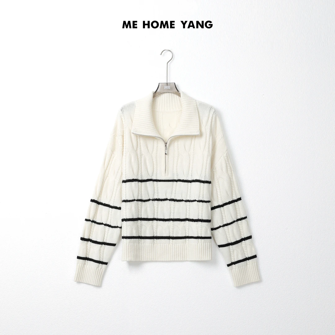 ME【休斯顿】100绵羊毛半拉链立领针织上衣条纹保暖毛衣MEQA3195