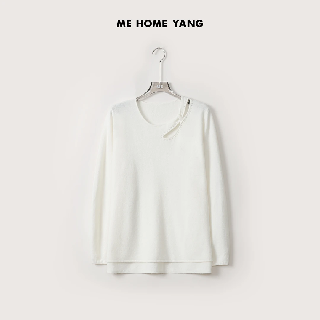 ME【锁骨线】100绵羊毛手工钉珠镂空设计百搭长袖针织毛衣MEQA3445