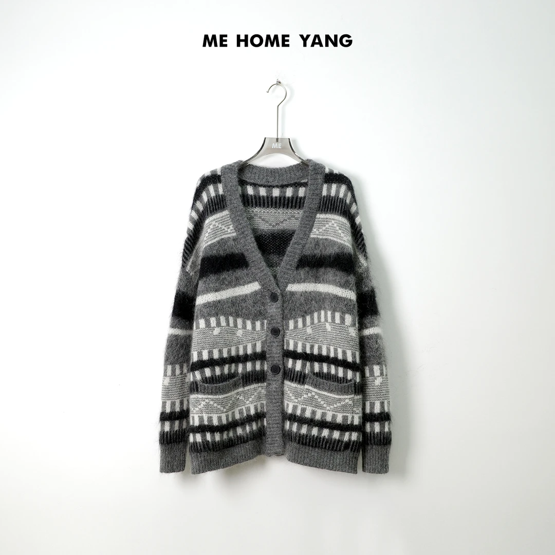 ME【费尔岛提花开衫】南非进口马海毛混纺百搭V领拼色毛衣MEQA2169