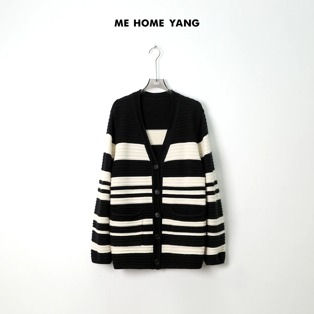 ME【航海开衫】绵羊毛混纺经典条纹设计款针织开衫毛衣女MEQA2441