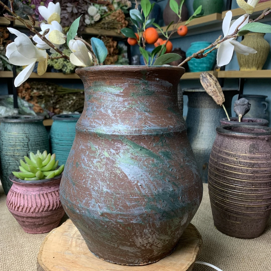 新中式禅意花盆粗陶插花瓶复古摆件客厅插干花器仿古多肉土陶罐