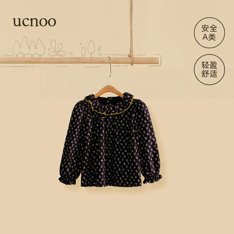 UCNOO与虫女童加绒娃娃衫秋装新款田园碎花花边女宝娃娃领衬衫
