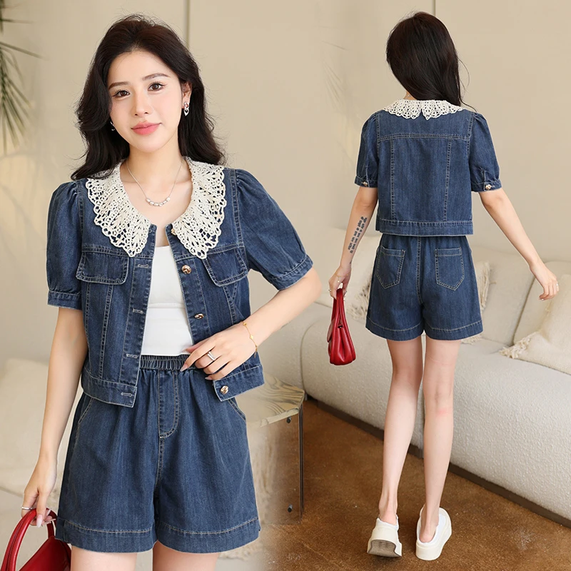 小香风减龄气质洋气牛仔套装女夏季娃娃领短外套阔腿短裤两件套